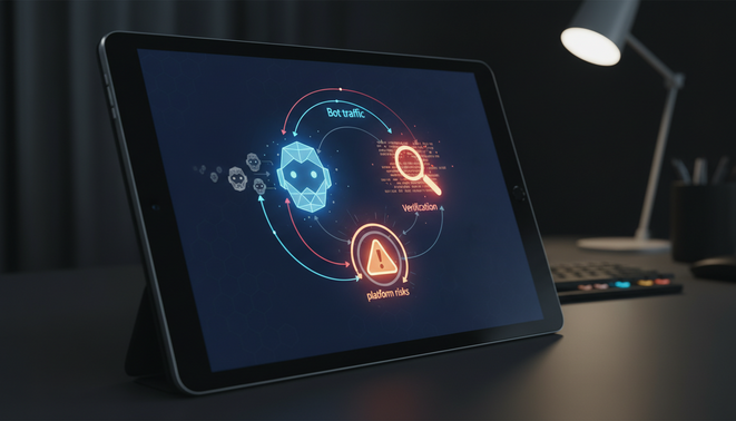 A digital screen displaying icons for bot traffic, AI verification, and platform risks to illustrate the challenges of AI content verification.