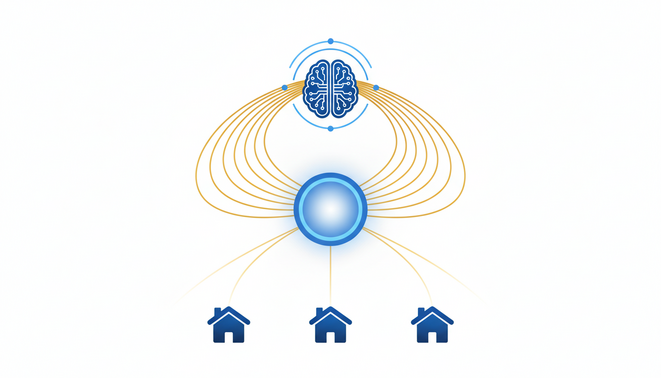A simple flowchart showing digital traffic being redirected by an AI icon away from website icons.