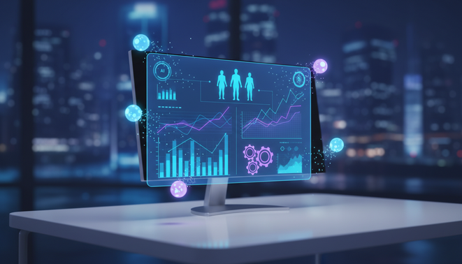 AI agents interacting with futuristic business metrics dashboards and leadership icons