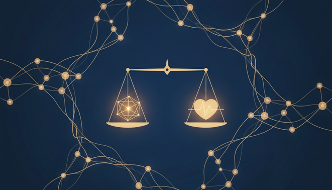A minimalist digital illustration of a glowing neural network with a set of scales balancing a geometric node and a soft heart, symbolizing AI emergence and moral dilemmas.