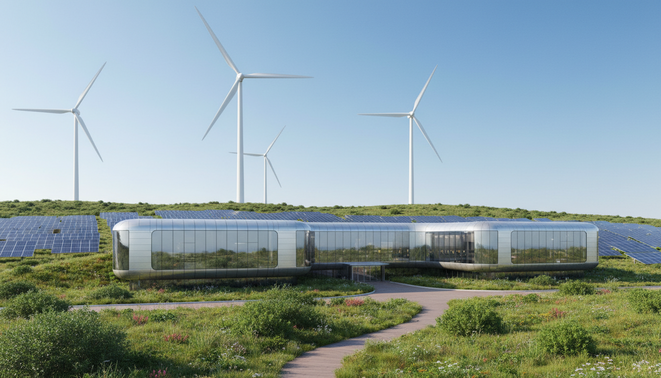 A modern data center building surrounded by wind turbines and solar panels in a green landscape