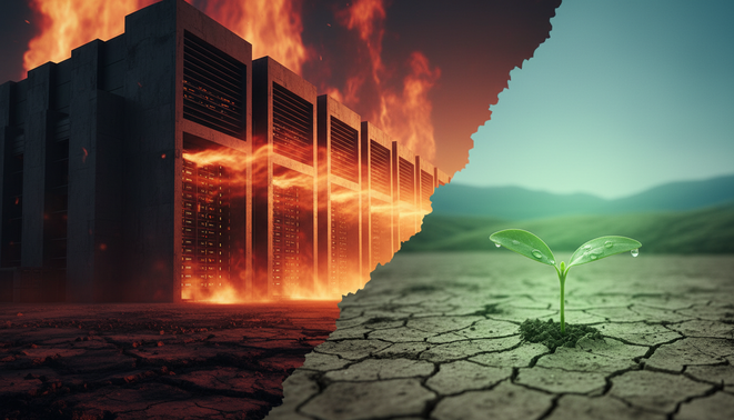 A conceptual image showing a massive industrial data center emitting intense heat waves next to a small green seedling representing sustainability claims.