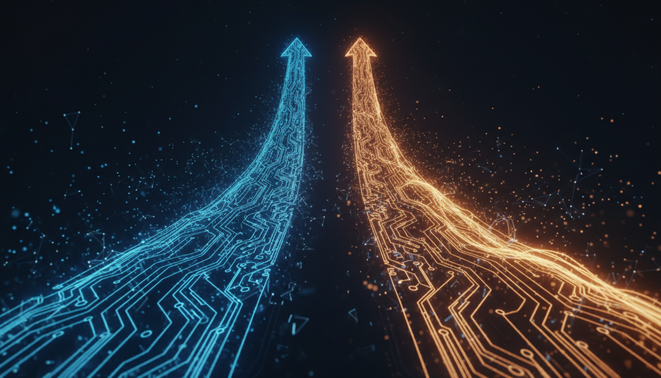 A conceptual illustration showing two glowing rising paths representing AI growth and energy consumption on a dark digital background.