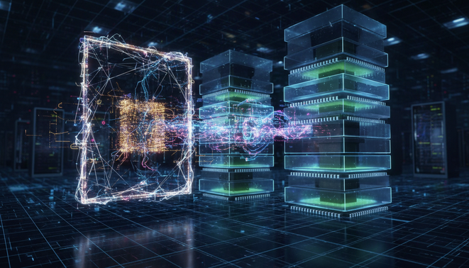 Visual representation of AI memory management and caching processes showing data flow between DRAM and HBM chips within a cache window
