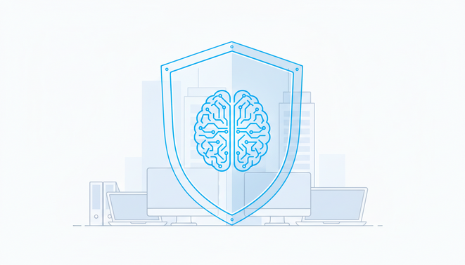 A symbolic representation of AI security restrictions showing an AI icon behind a protective digital shield with corporate buildings in the background.