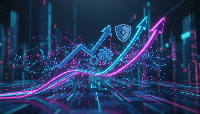 Abstract visual representation of AI technology transforming startup innovation and growth