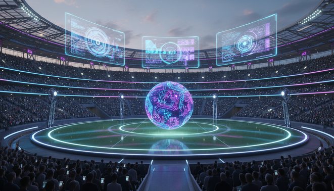 A futuristic sports stadium featuring a glowing digital football and holographic screens representing artificial intelligence technology