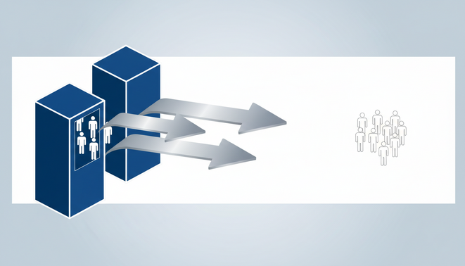 Minimalist conceptual illustration showing workforce migration in the technology sector with human figure icons and arrows indicating movement between office structures