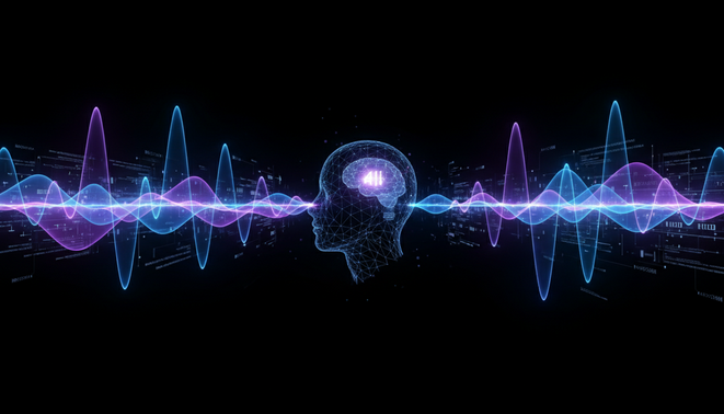 Futuristic digital voice pulse visualization representing AI speech technology