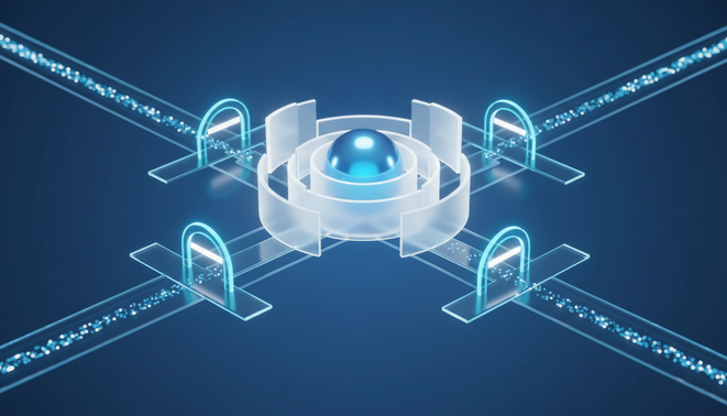 Conceptual 3D visualization of a secure AI agent workflow with nested protective layers and structured data pathways