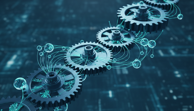 Digital nodes and gears representing automated marketing processes.