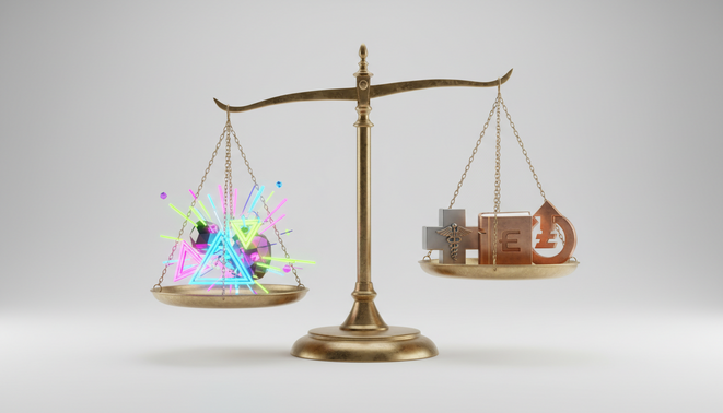 A conceptual illustration of a balanced vintage brass scale. One side holds glowing neon shapes representing digital hype. The other side holds solid icons for healthcare, education, and finance. These represent practical AI applications.