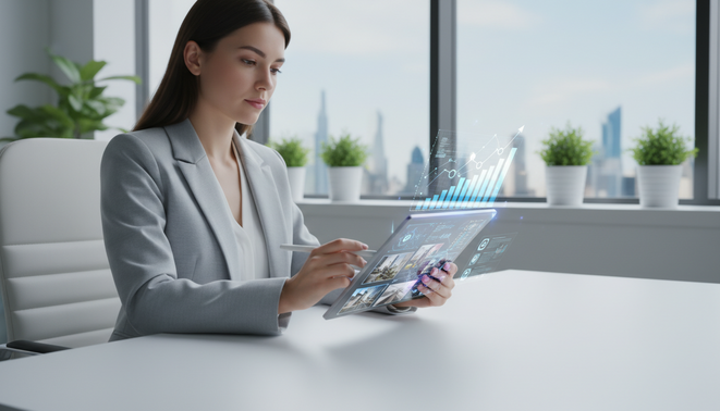 Entrepreneur using a digital tablet for business editing tasks with AI assistance