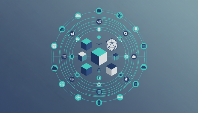 A simple vector illustration of a digital ecosystem showing different layers of infrastructure and software tools with connected circles and lines