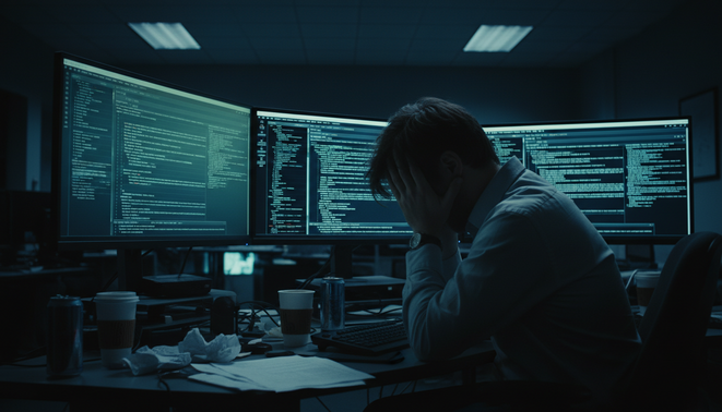 Office worker feeling overwhelmed by many screens and digital data