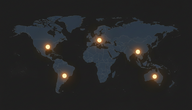 A world map highlighting the locations of New York, London, and Shanghai with glowing points to represent a global product launch strategy.