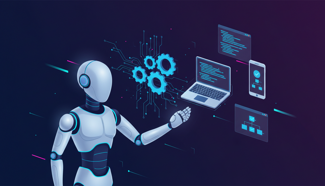 Abstract visual of robot and gears representing automated software testing processes