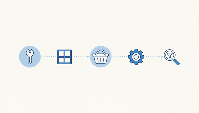 Abstract icons representing a software testing workflow including login dashboard checkout and settings