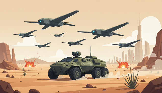 Illustration of autonomous military drones and a self driving ground vehicle on a desert battlefield
