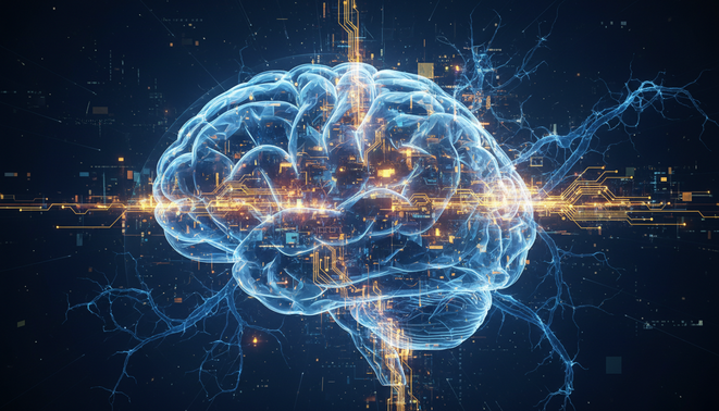 An abstract representation of a human brain merging with glowing digital circuits and neural networks.