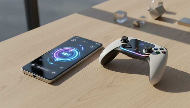 Modern smartphone and gaming controller on a wooden surface representing 2026 consumer technology