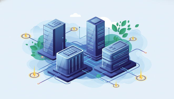 Abstract visualization of data center buildings and energy lines