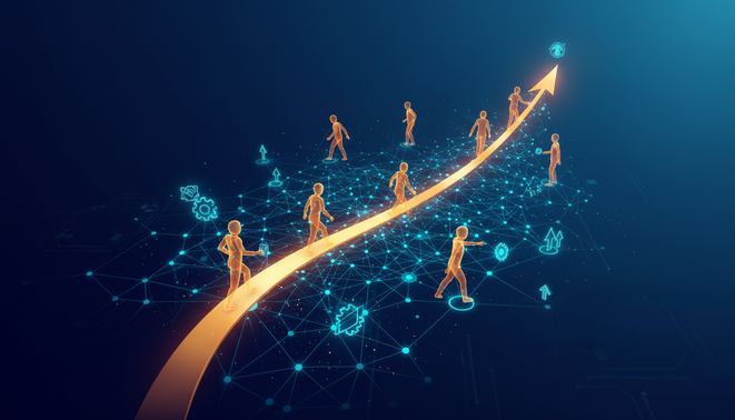 A symbolic and modern digital illustration showing the synergy between entrepreneurship and influencer marketing through interconnected nodes and abstract figures.