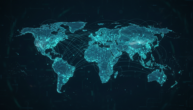 A digital world map showing interconnected network nodes representing global fintech and cross border payment connectivity.