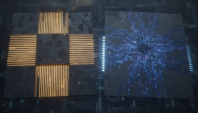 Abstract visualization of two microchip architectures showing hardwired circuits versus programmable logic