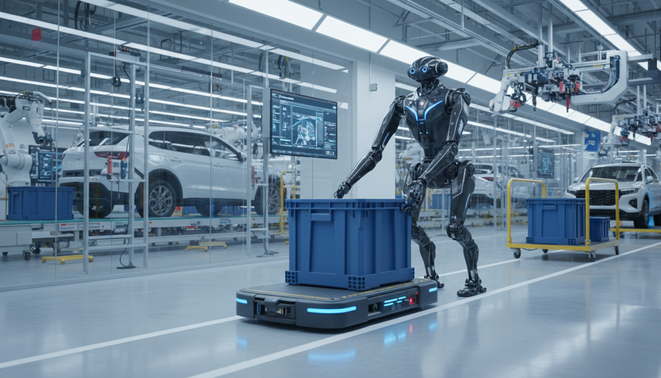 A bipedal humanoid robot lifting an auto parts tote in a modern manufacturing facility.
