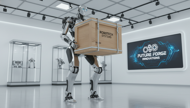 A realistic humanoid robot with advanced joints lifting a heavy metallic crate in a modern tech exhibition hall