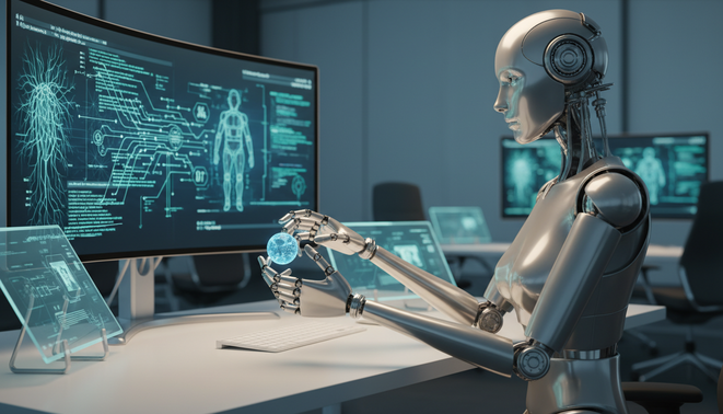 A humanoid robot working in a bright modern office