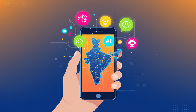 Illustration of a smartphone with colorful AI chat bubbles over a stylized map of India, representing rapid AI adoption.
