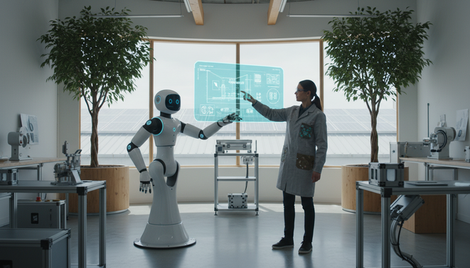 Human and robot working together in a sustainable modern factory