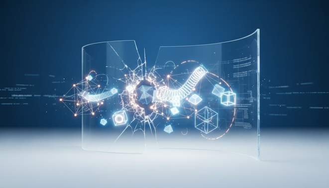 Abstract visual representing breakthrough innovation frameworks and outcomes based selling through geometric shapes and glowing nodes.