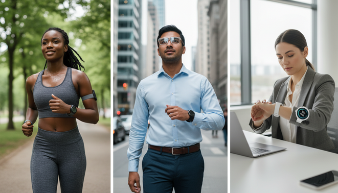 Diverse people using modern wearable devices like smartwatches and smart glasses in everyday settings.
