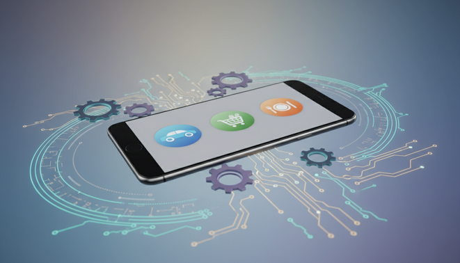 A sleek modern smartphone illustrating on-device AI automation with app icons for rideshare and food delivery surrounded by automation gears.
