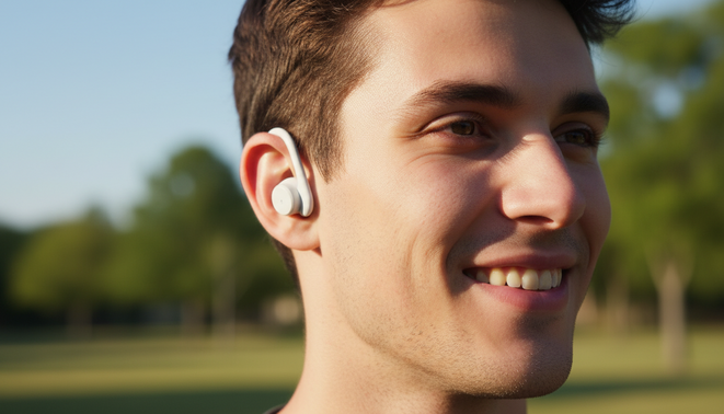 Side view of a person wearing open earbuds with the ear canal visible