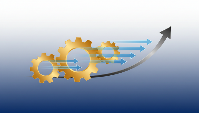 A digital graphic showing gold gears and rising growth curves representing business stability and income flow
