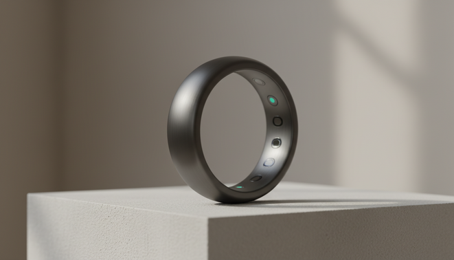 A sleek, futuristic smart health monitoring ring with internal biometric sensors.