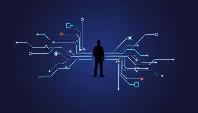 Solo entrepreneur silhouette with glowing digital automation circuits