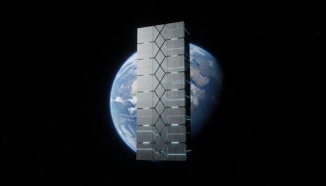 Modular server rack in the cold void of space showing passive cooling design