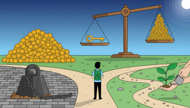 A symbolic illustration showing a founder choosing between venture capital and organic growth featuring a scale balancing a key and coins