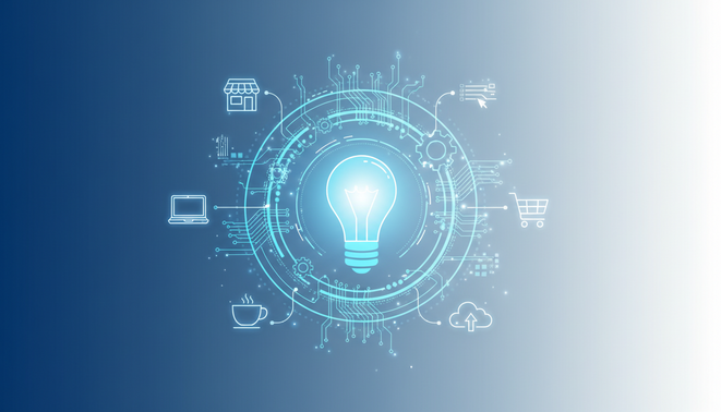 A clean and modern visual representation of small business experimentation with AI featuring a lightbulb and circuits