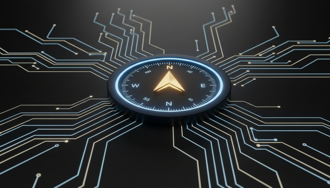 A glowing digital compass on a futuristic circuit board representing leadership and tech validation