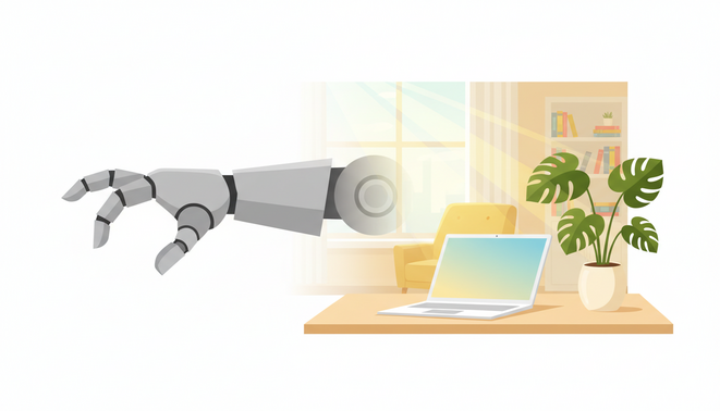 A bright illustration of a home office replacing a grey robot arm