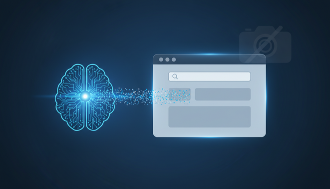 A stylized illustration showing direct data communication between an AI agent and a web browser via WebMCP replacing old screenshot methods