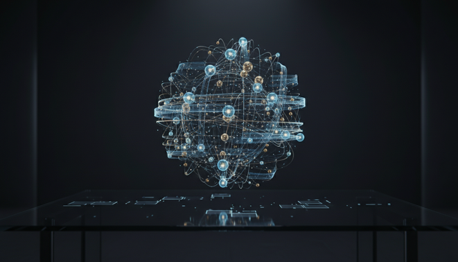 Abstract glowing nodes and digital threads representing autonomous intelligence in a professional digital environment