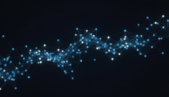 Abstract digital neural network with glowing nodes and connections representing autonomous agents