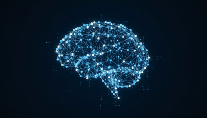 Minimalist digital brain showing glowing nodes and connections in a neural network